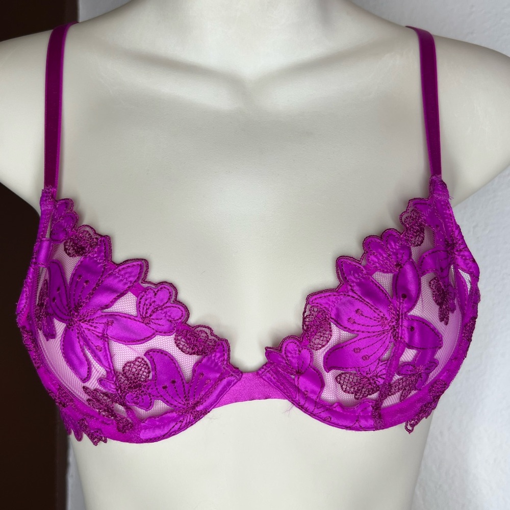 Victoria’s Secret Fuchsia Floral Embroidered Lace Sheer Unlined Demi Bra